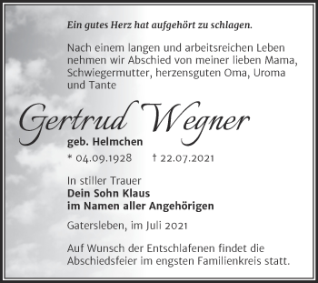 Traueranzeige von Gertrud Wegner von Trauerkombi Aschersleben
