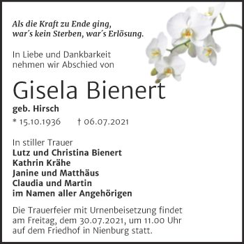 Traueranzeige von Gisela Bienert von Trauerkombi Bernburg