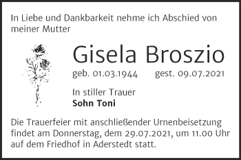 Traueranzeige von Gisela Broszio von Trauerkombi Bernburg
