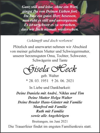 Traueranzeige von Gisela Heck von Trauerkombi Sangerhausen