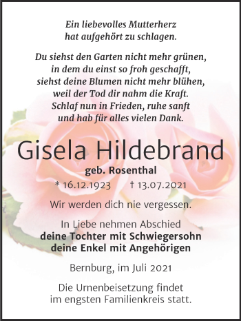 Traueranzeige von Gisela Hildebrand von Mitteldeutsche Zeitung Bernburg