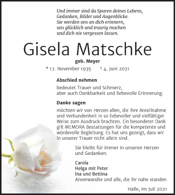 Traueranzeige von Gisela Matschke von Mitteldeutsche Zeitung Halle/Saalkreis