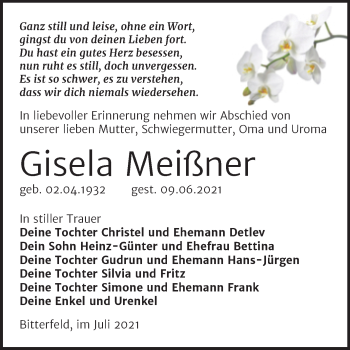 Traueranzeige von Gisela Meißner von Trauerkombi Bitterfeld