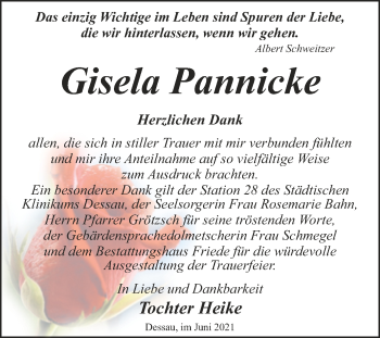 Traueranzeige von Gisela Pannicke von Trauerkombi Dessau