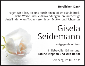 Traueranzeige von Gisela Seidemann von Trauerkombi Wittenberg