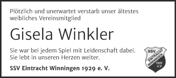 Traueranzeige von Gisela Winkler von Trauerkombi Aschersleben