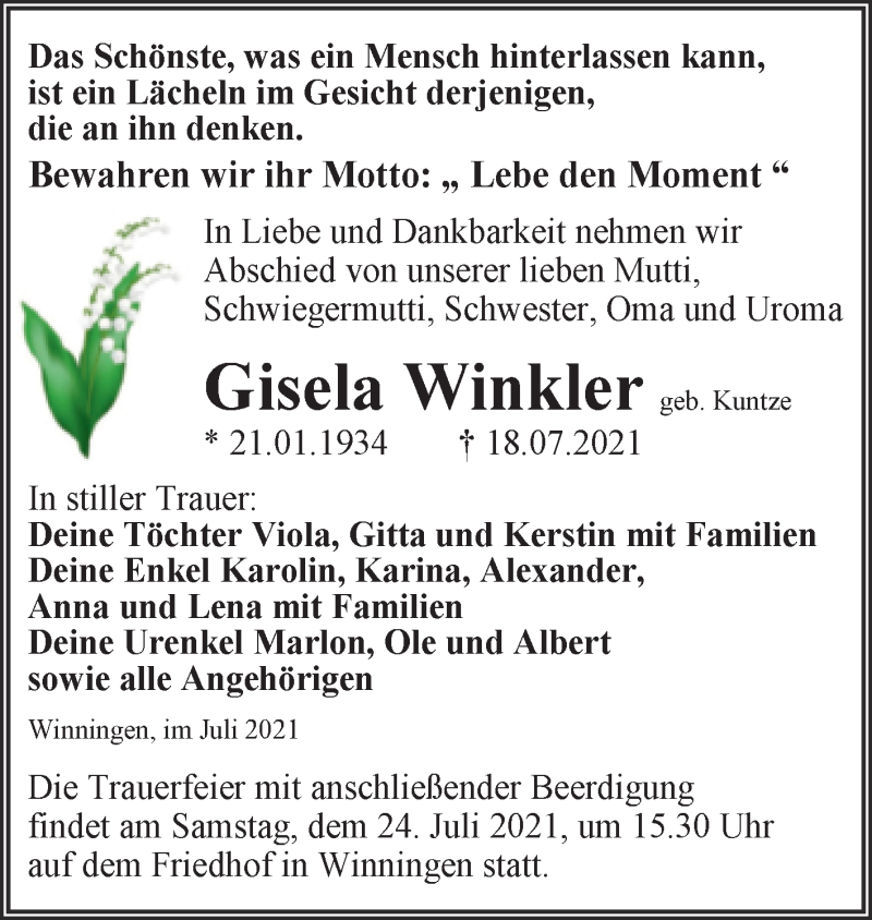  Traueranzeige für Gisela Winkler vom 21.07.2021 aus Mitteldeutsche Zeitung Aschersleben