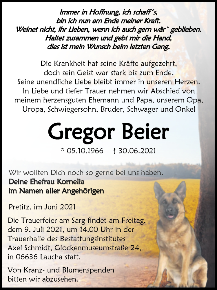  Traueranzeige für Gregor Beier vom 03.07.2021 aus Trauerkombi Merseburg