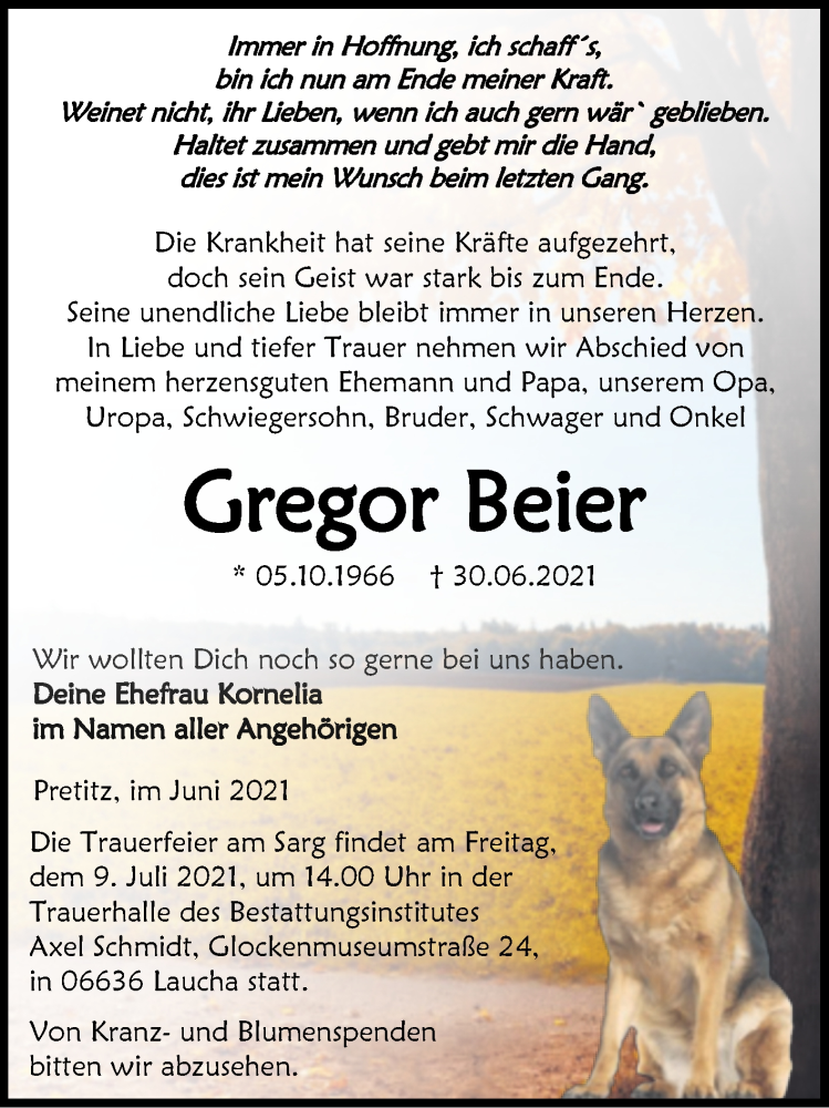  Traueranzeige für Gregor Beier vom 07.07.2021 aus Trauerkombi Merseburg