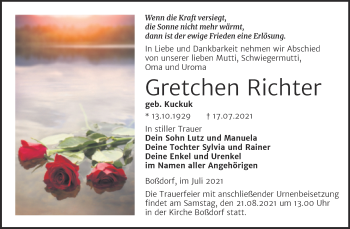 Traueranzeige von Gretchen Richter von Trauerkombi Wittenberg