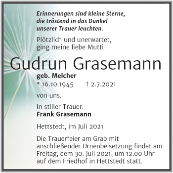 Traueranzeige von Gudrun Grasemann von Trauerkombi Mansfelder Land