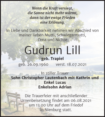 Traueranzeige von Gudrun Lill von Trauerkombi Bernburg