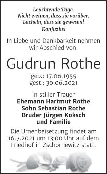 Traueranzeige von Gudrun Rothe von Trauerkombi Wittenberg