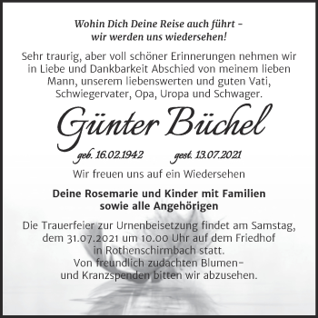 Traueranzeige von Günter Büchel von Trauerkombi Mansfelder Land
