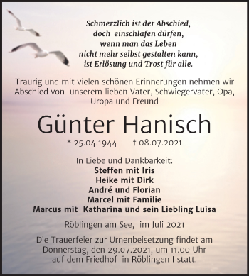 Traueranzeige von Günter Hanisch von Trauerkombi Mansfelder Land