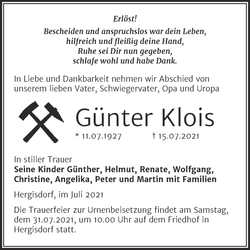  Traueranzeige für Günter Klois vom 24.07.2021 aus Trauerkombi Mansfelder Land