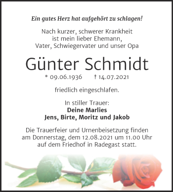 Traueranzeige von Günter Schmidt von Trauerkombi Köthen