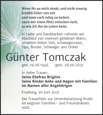 Traueranzeige von Günter Tomczak von Wochenspiegel Naumburg/Nebra