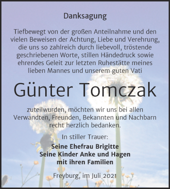 Traueranzeige von Günter Tomczak von Wochenspiegel Naumburg/Nebra