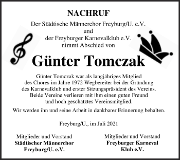 Traueranzeige von Günter Tomczak von Naumburger Tageblatt