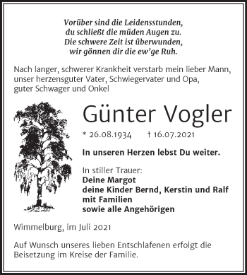 Traueranzeige von Günter Vogler von Trauerkombi Mansfelder Land