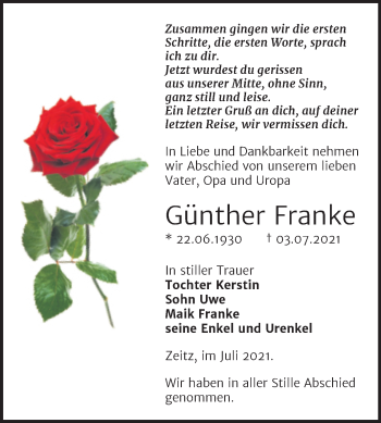 Traueranzeige von Günther Franke von Trauerkombi Zeitz