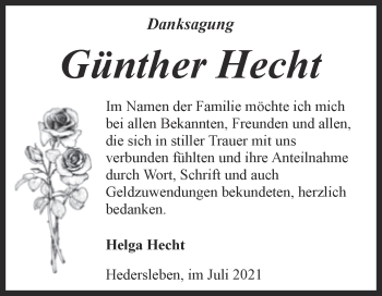 Traueranzeige von Günther Hecht von Trauerkombi Quedlinburg