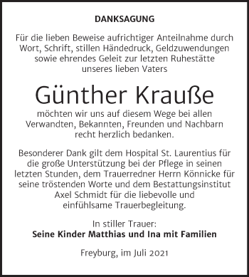 Traueranzeige von Günther Krauße von Wochenspiegel Naumburg/Nebra