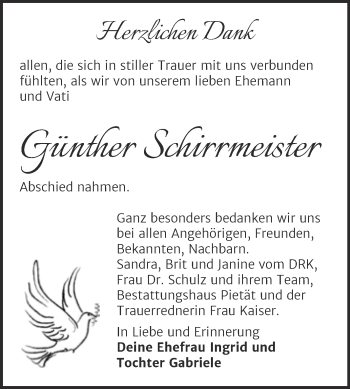 Traueranzeige von Günther Schirrmeister von Trauerkombi Köthen