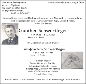 Traueranzeige von Günther Schwertfeger von Mitteldeutsche Zeitung Halle/Saalkreis