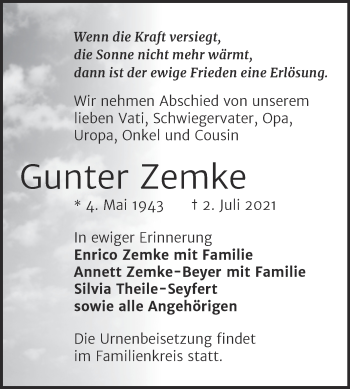Traueranzeige von Gunter Zemke von Trauerkombi Zeitz