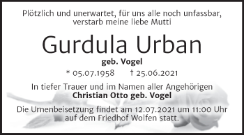 Traueranzeige von Gurdula Urban von Trauerkombi Bitterfeld