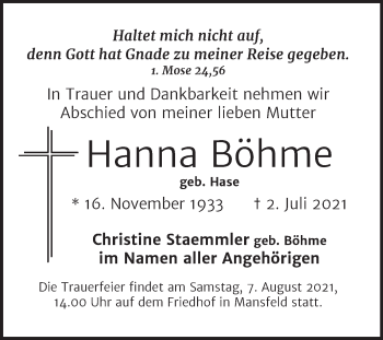 Traueranzeige von Hanna Böhme von Mitteldeutsche Zeitung Mansfelder Land