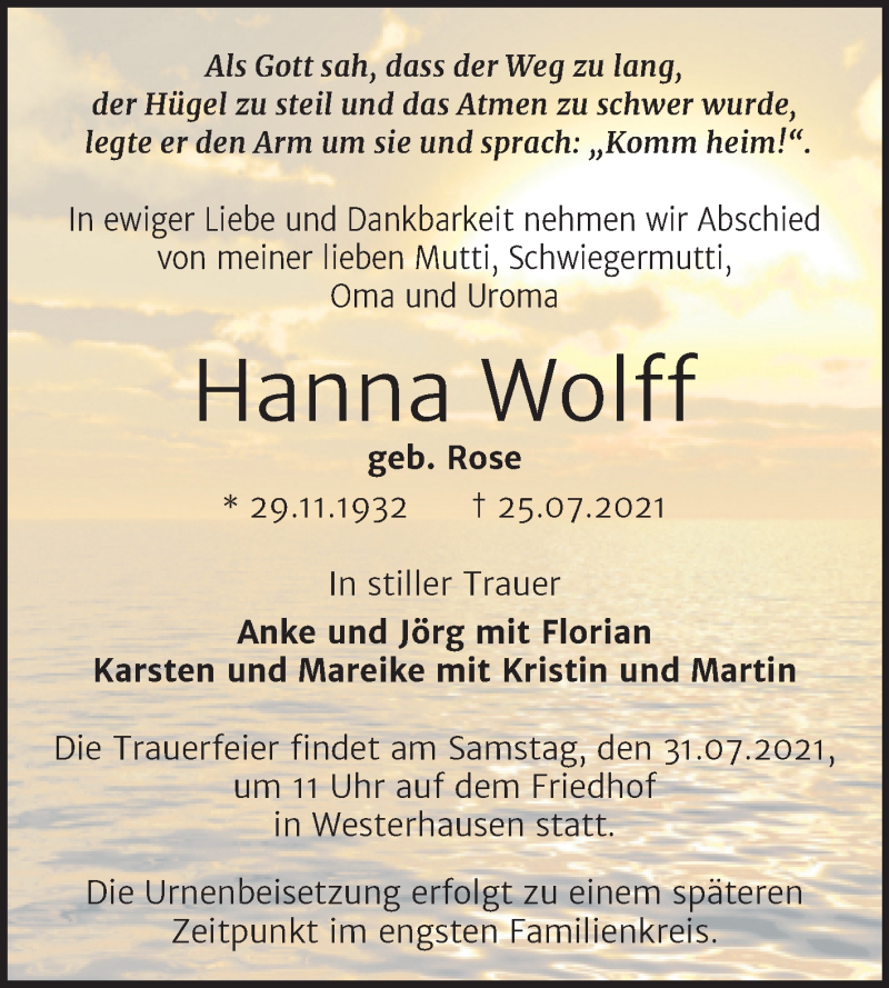  Traueranzeige für Hanna Wolff vom 28.07.2021 aus Trauerkombi Quedlinburg