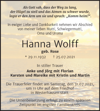 Traueranzeige von Hanna Wolff von Trauerkombi Quedlinburg