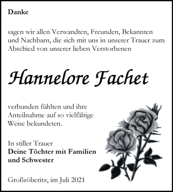 Traueranzeige von Hannelore Fachet von Trauerkombi Bitterfeld