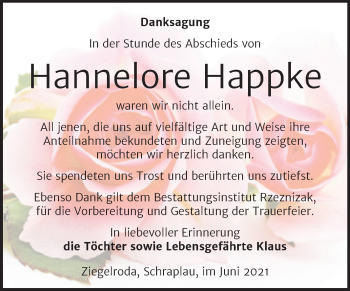 Traueranzeige von Hannelore Happke von Trauerkombi Merseburg