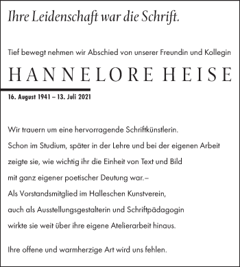 Traueranzeige von Hannelore Heise von Mitteldeutsche Zeitung Halle/Saalkreis