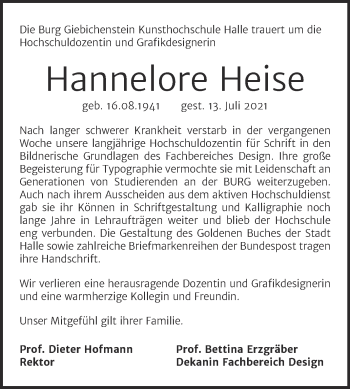 Traueranzeige von Hannelore Heise von Mitteldeutsche Zeitung Halle/Saalkreis