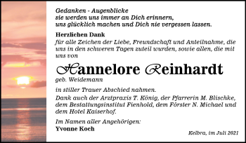Traueranzeige von Hannelore Reinhardt von Trauerkombi Sangerhausen