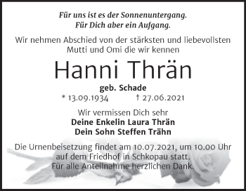 Traueranzeige von Hanni Thrän von Trauerkombi Merseburg