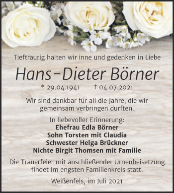 Traueranzeige von Hans-Dieter Börner von Trauerkombi Weißenfels