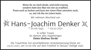 Traueranzeige von Hans-Joachim Denker von Trauerkombi Dessau