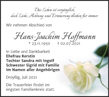 Traueranzeige von Hans-Joachim Hoffmann von Trauerkombi Zeitz