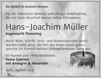 Traueranzeige von Hans-Joachim Müller von Mitteldeutsche Zeitung Halle/Saalkreis