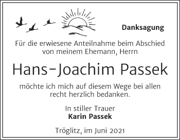 Traueranzeige von Hans-Joachim Passek von Trauerkombi Zeitz