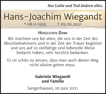Traueranzeige von Hans-Joachim Wiegandt von Trauerkombi Sangerhausen