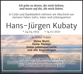 Traueranzeige von Hans-Jürgen Kubaty von Trauerkombi Dessau