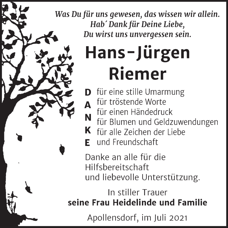  Traueranzeige für Hans-Jürgen Riemer vom 03.07.2021 aus Trauerkombi Wittenberg