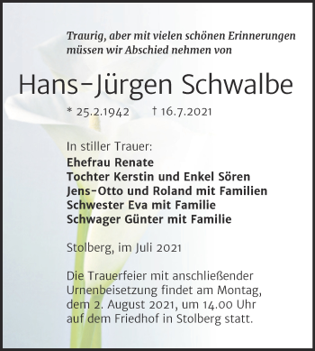 Traueranzeige von Hans-Jürgen Schwalbe von Trauerkombi Sangerhausen